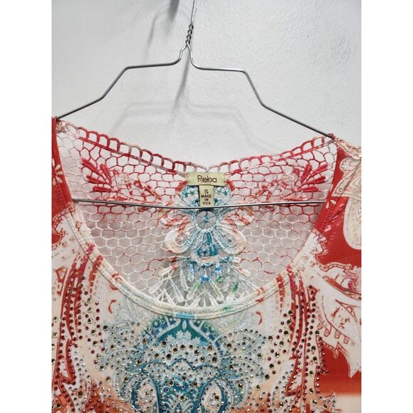 Reba Womens BOHO Tunic Top Small Orange Blue Lace Paisley Rhinestone Long Sleeve - Picture 4 of 9